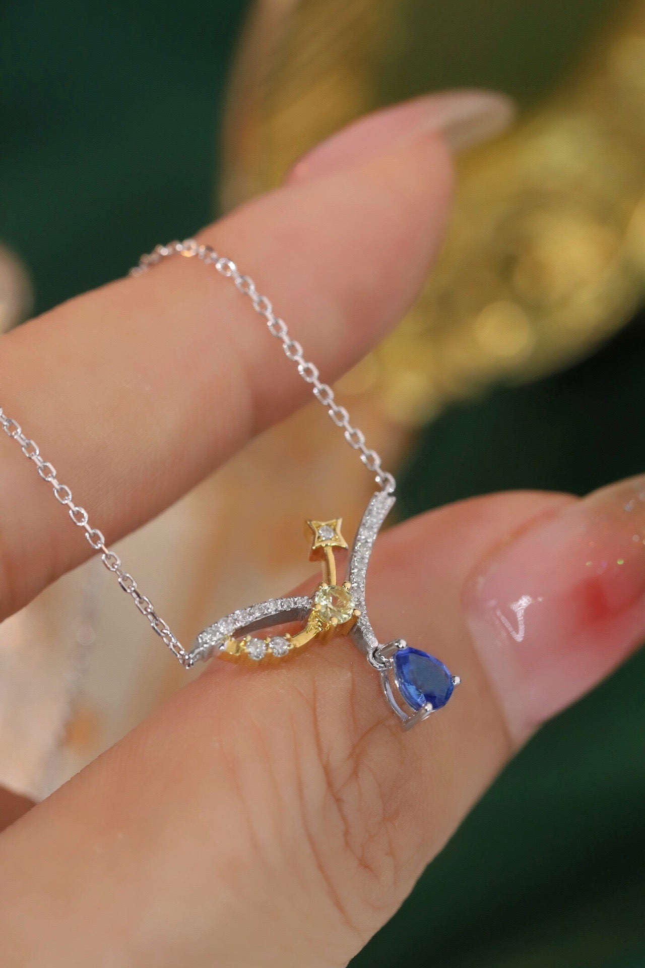 Art Deco 18K Solid Gold genuine Sapphire Diamond Necklace