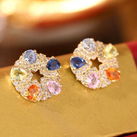 Art Deco 18K Solid Gold Genuine Rainbow Sapphire Diamond Earrings