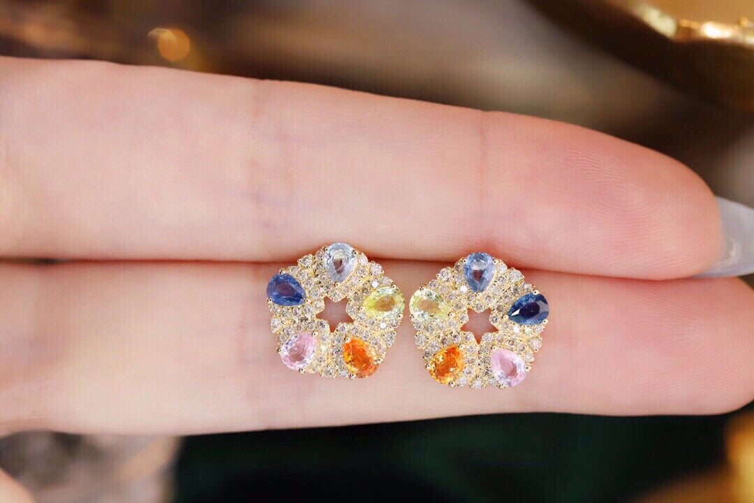 Art Deco 18K Solid Gold Genuine Rainbow Sapphire Diamond Earrings