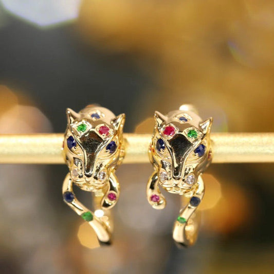 18K Solid Gold Sapphire, Ruby , Diamond Cheetah Earrings