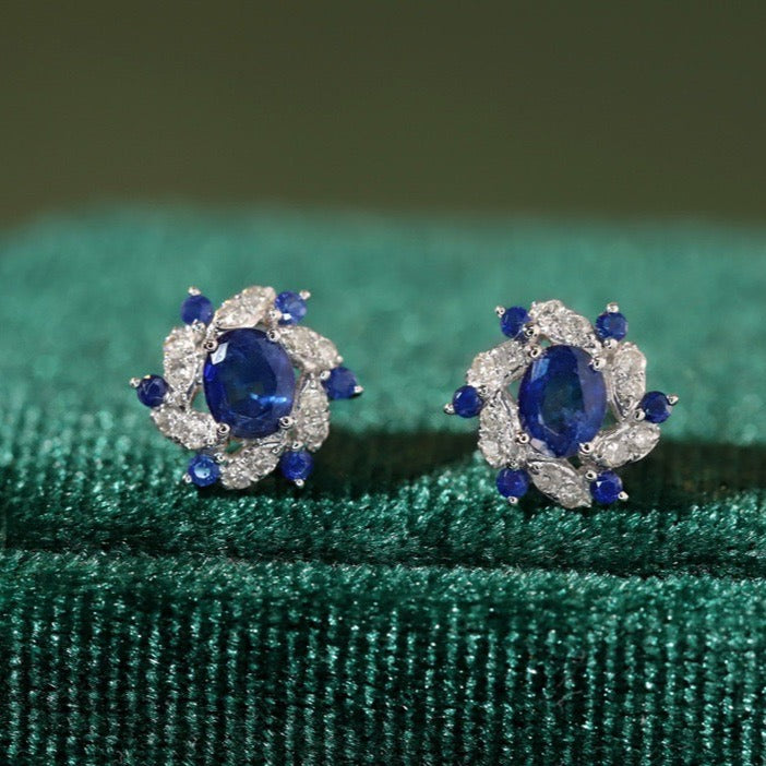 Vintage 18K Solid Gold Genuine Sapphire Diamond Earrings