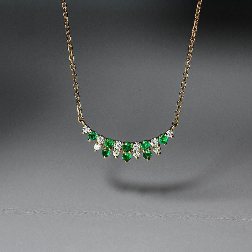 Art Deco 18K Solid Gold Emerald Diamond Necklace/Emerald Smile Necklace/Emerald charm Necklace/Wedding,Anniversary necklace/gift for her