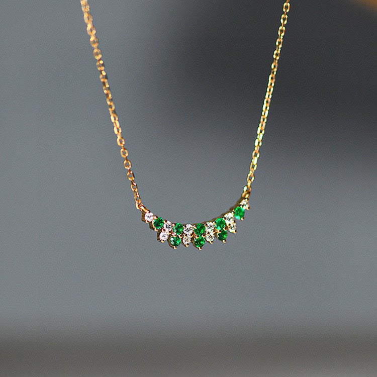 Art Deco 18K Solid Gold Emerald Diamond Necklace/Emerald Smile Necklace/Emerald charm Necklace/Wedding,Anniversary necklace/gift for her