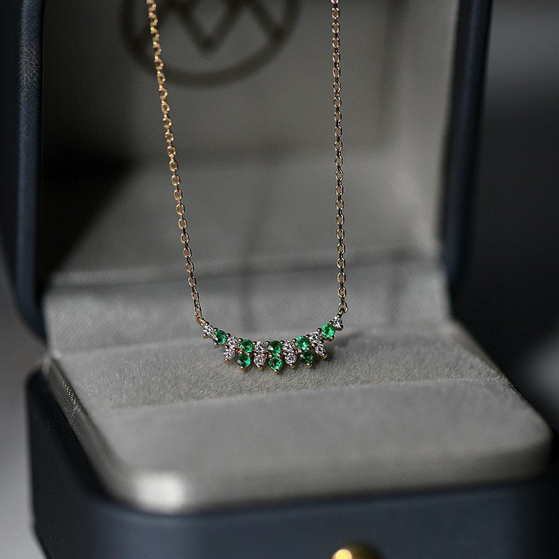 Art Deco 18K Solid Gold Emerald Diamond Necklace/Emerald Smile Necklace/Emerald charm Necklace/Wedding,Anniversary necklace/gift for her