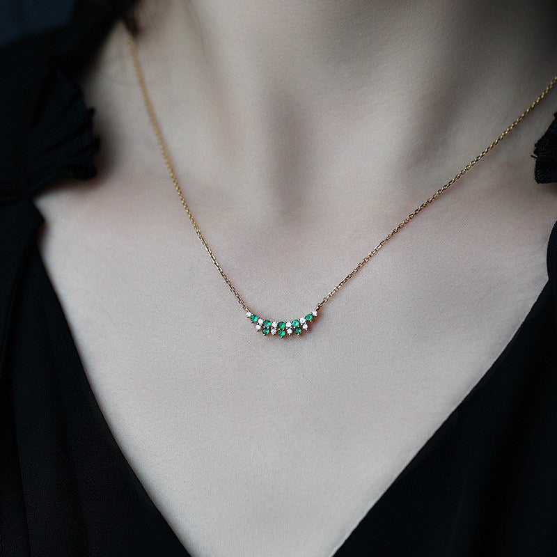 Art Deco 18K Solid Gold Emerald Diamond Necklace/Emerald Smile Necklace/Emerald charm Necklace/Wedding,Anniversary necklace/gift for her