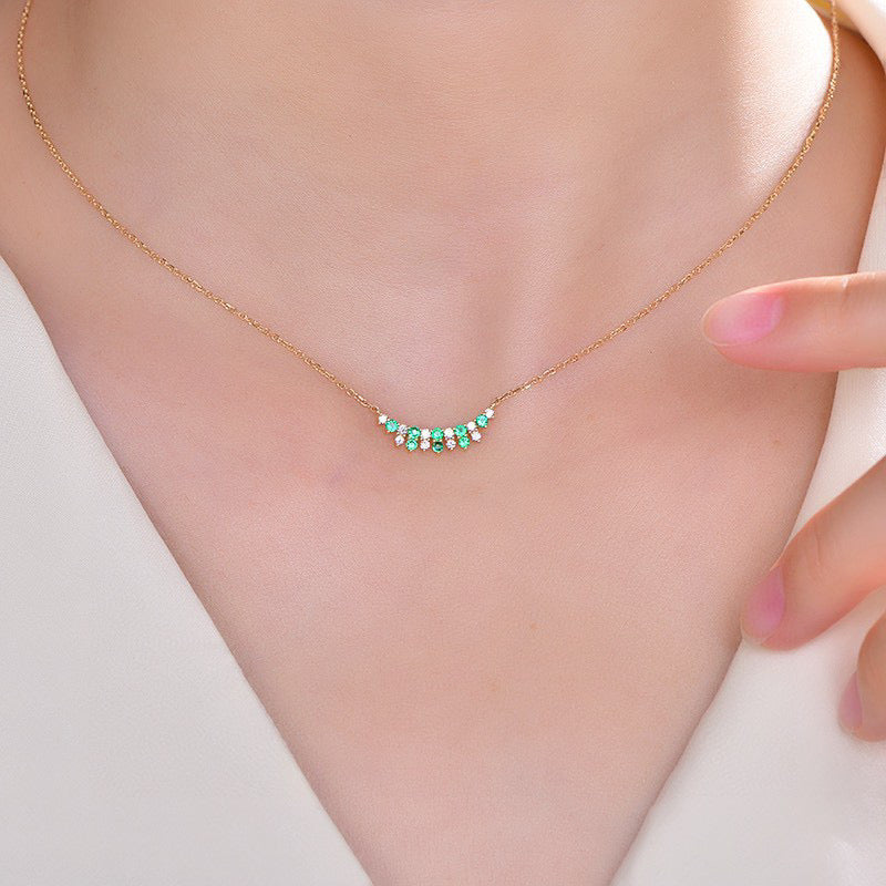 Art Deco 18K Solid Gold Emerald Diamond Necklace/Emerald Smile Necklace/Emerald charm Necklace/Wedding,Anniversary necklace/gift for her