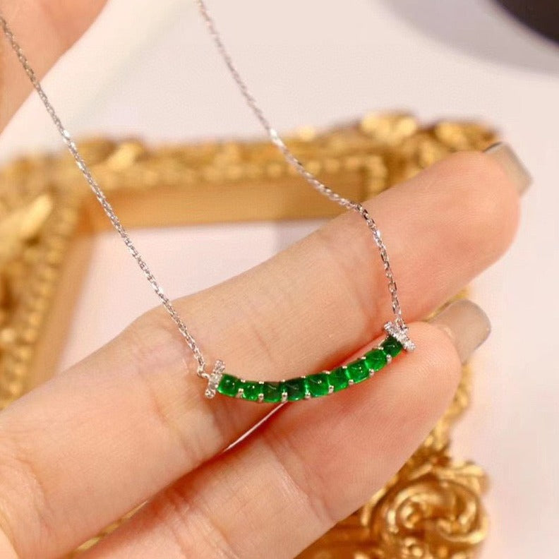 Vintage 18K Solid Gold Swat Emerald Diamond Smile Necklace, gift for her