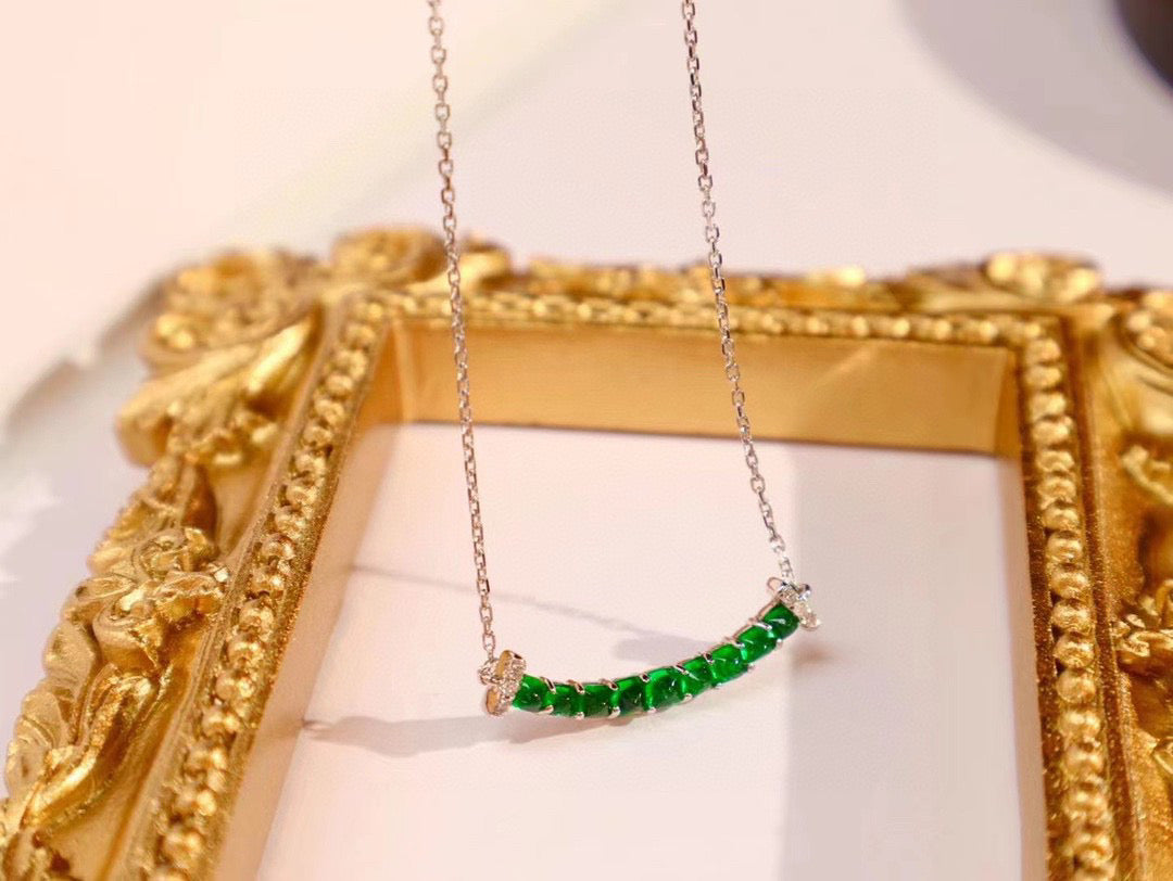 Vintage 18K Solid Gold Swat Emerald Diamond Smile Necklace, gift for her