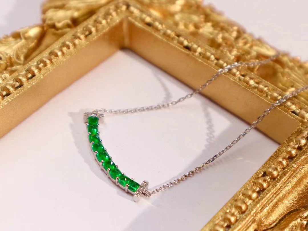 Vintage 18K Solid Gold Swat Emerald Diamond Smile Necklace, gift for her