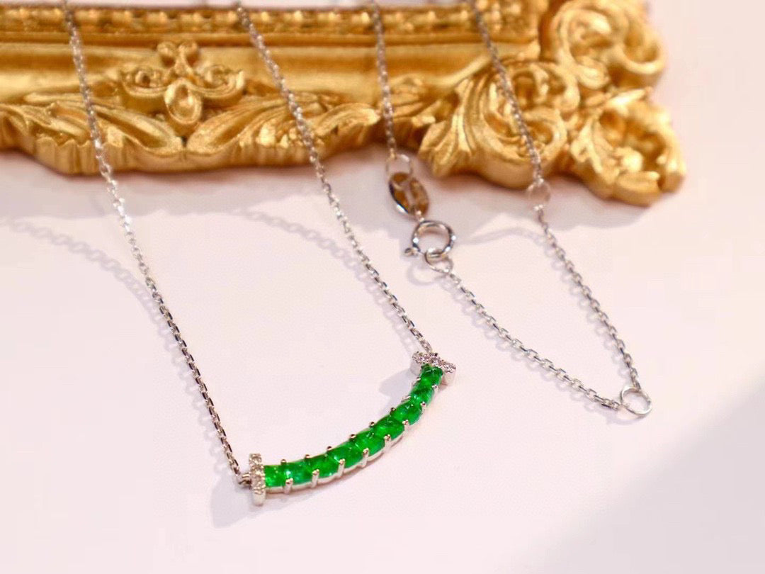 Vintage 18K Solid Gold Swat Emerald Diamond Smile Necklace, gift for her