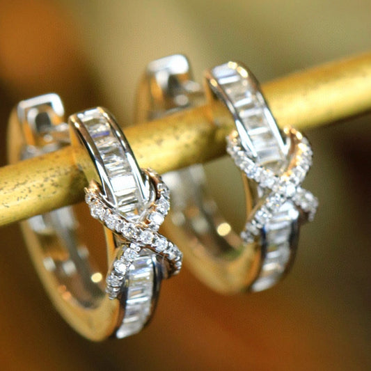 Vintage 18K Solid Gold Diamond X Hoop Earrings , Wedding Earrings, Gift for her