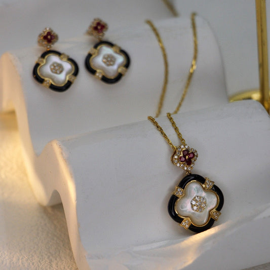 Vintage 18K Solid Gold Ruby Diamond Clover pendant earrings, gift for her