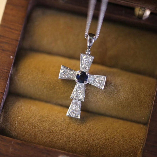 Vintage 18K Solid Gold Sapphire Diamond Cross Pendant Necklace, Gift for her