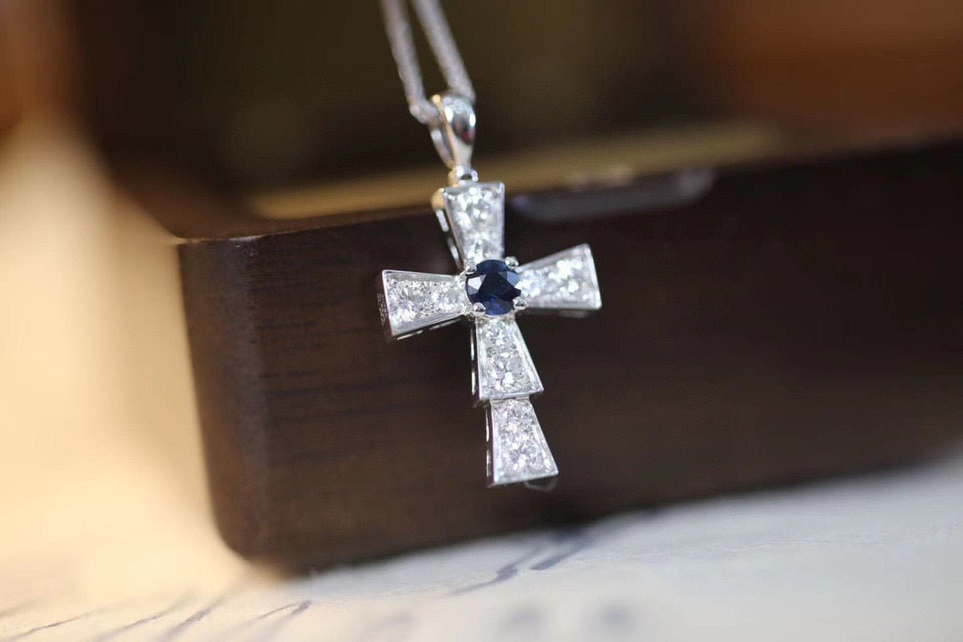 Vintage 18K Solid Gold Sapphire Diamond Cross Pendant Necklace, Gift for her