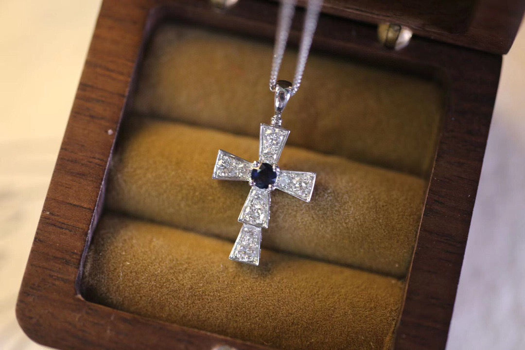 Vintage 18K Solid Gold Sapphire Diamond Cross Pendant Necklace, Gift for her