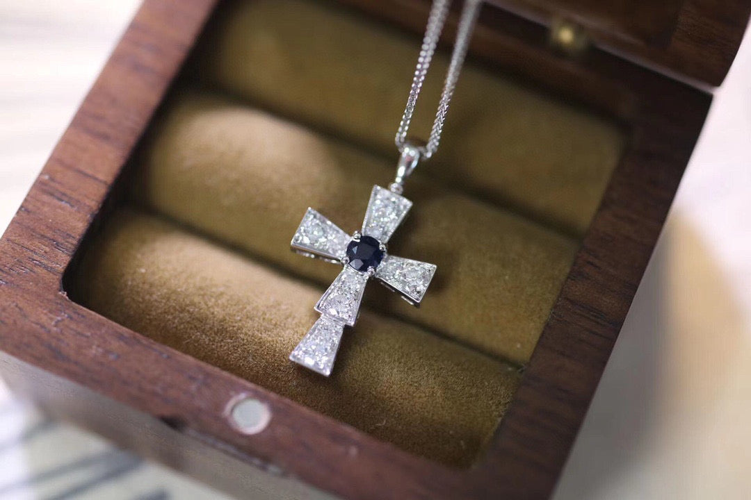 Vintage 18K Solid Gold Sapphire Diamond Cross Pendant Necklace, Gift for her