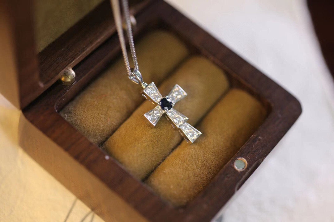 Vintage 18K Solid Gold Sapphire Diamond Cross Pendant Necklace, Gift for her