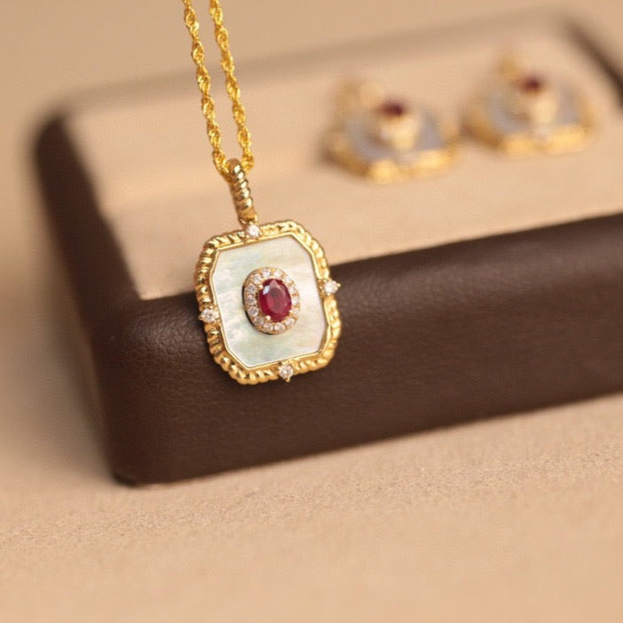 Vintage 18K Solid Gold Ruby Diamond Pendant, Ruby with mother of pearl pendant, gift for her