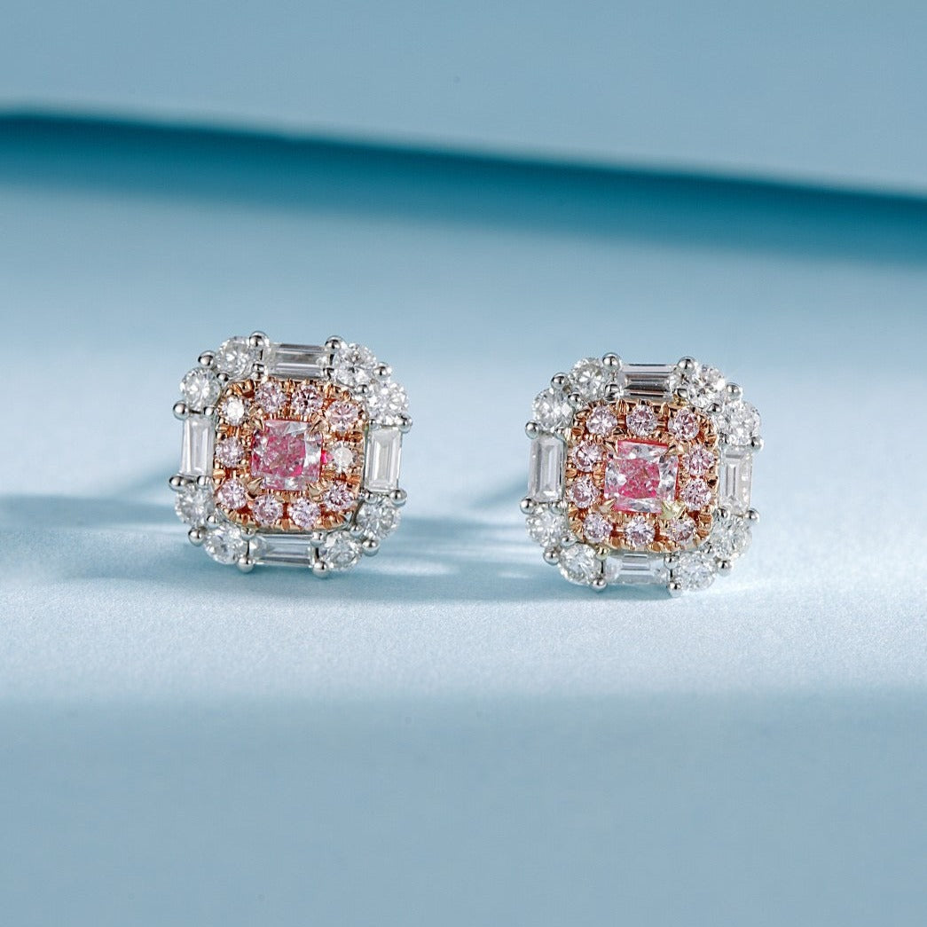 Vintage 18K Solid Gold Pink Diamond Earrings, Diamond stud earrings