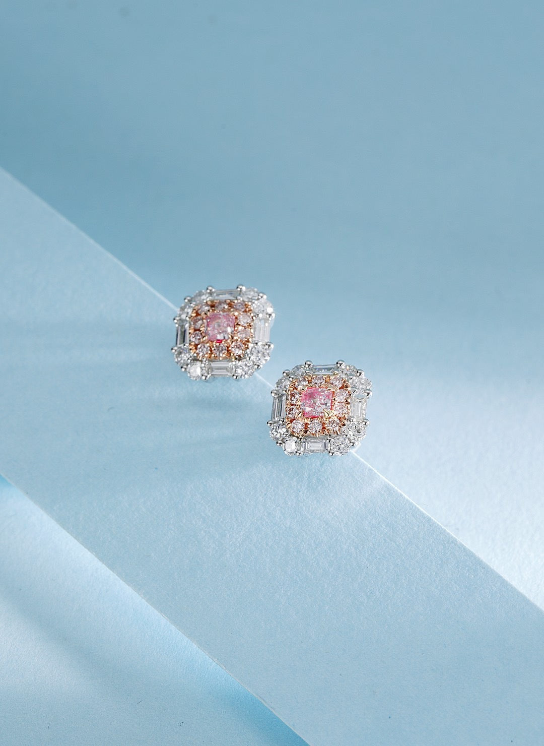 Vintage 18K Solid Gold Pink Diamond Earrings, Diamond stud earrings