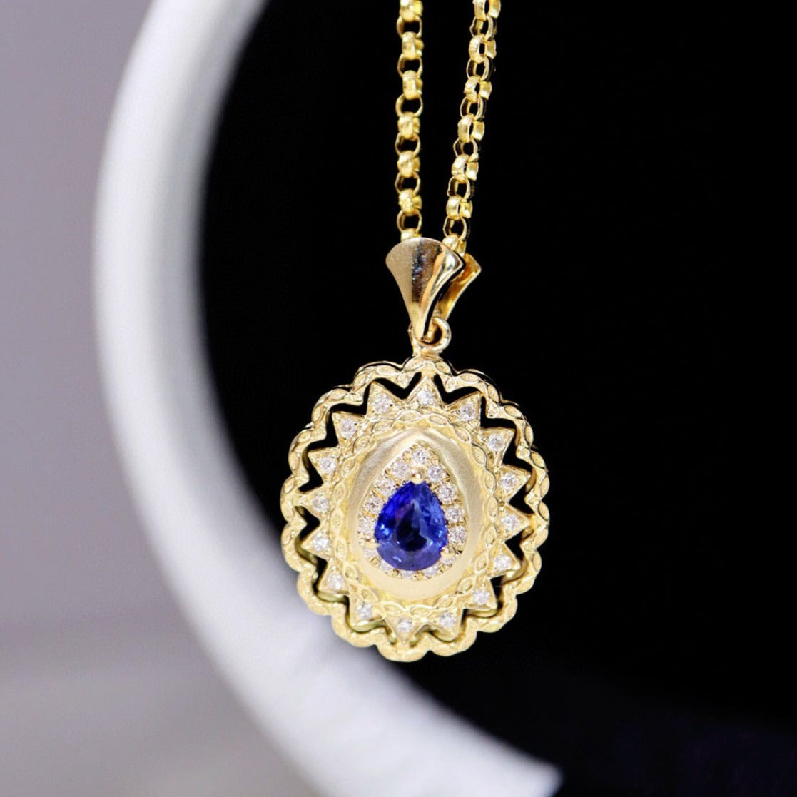 Vintage 18K Solid Gold Sapphire Diamond Pendant, Wedding necklace, gift for her