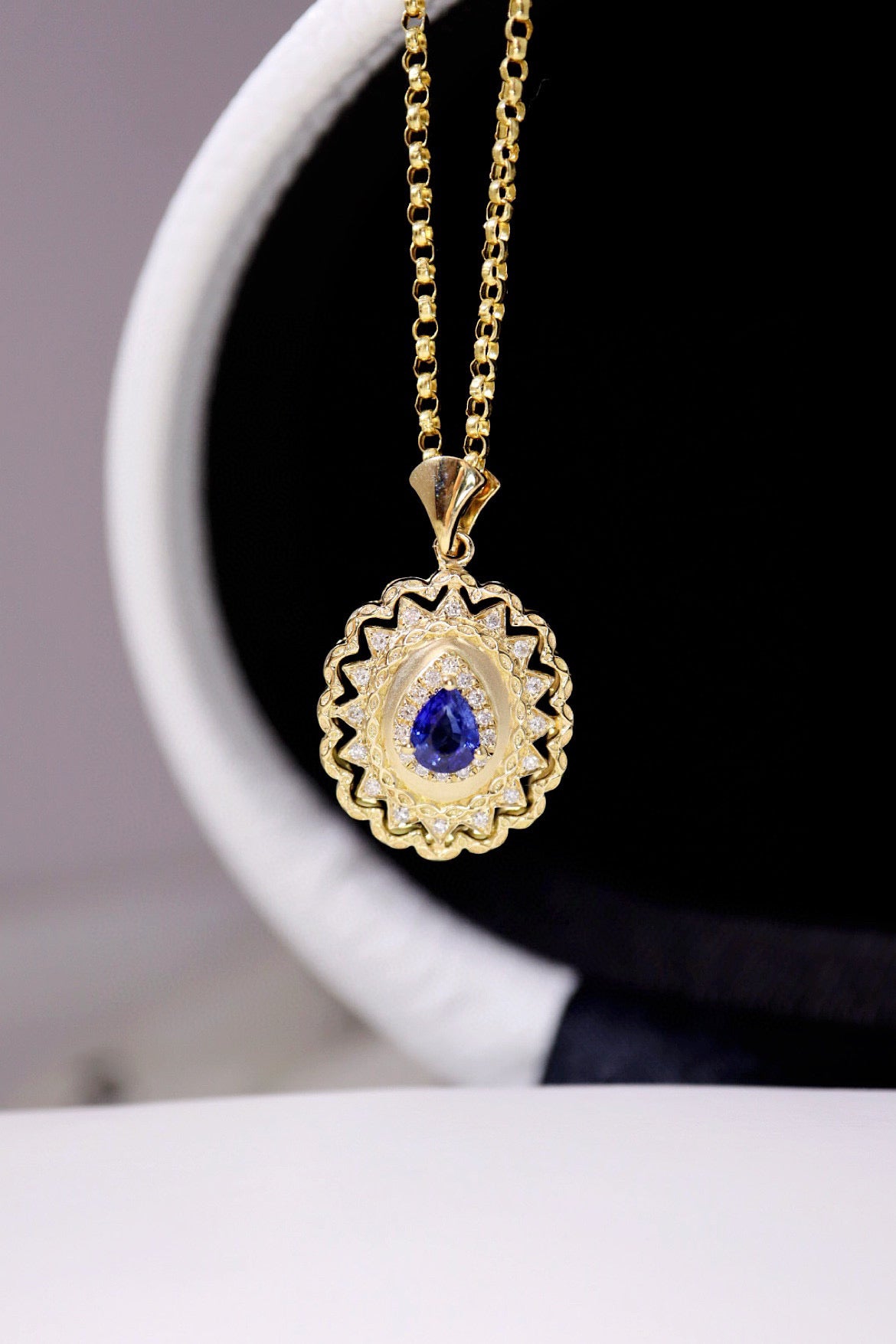 Vintage 18K Solid Gold Sapphire Diamond Pendant, Wedding necklace, gift for her