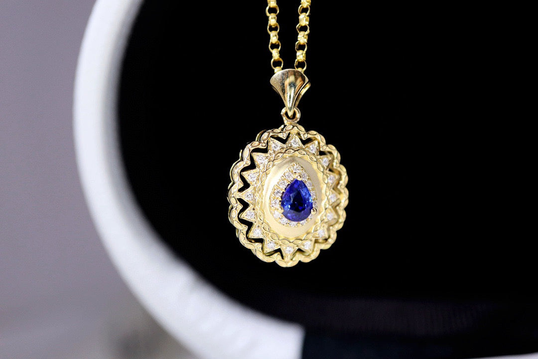 Vintage 18K Solid Gold Sapphire Diamond Pendant, Wedding necklace, gift for her