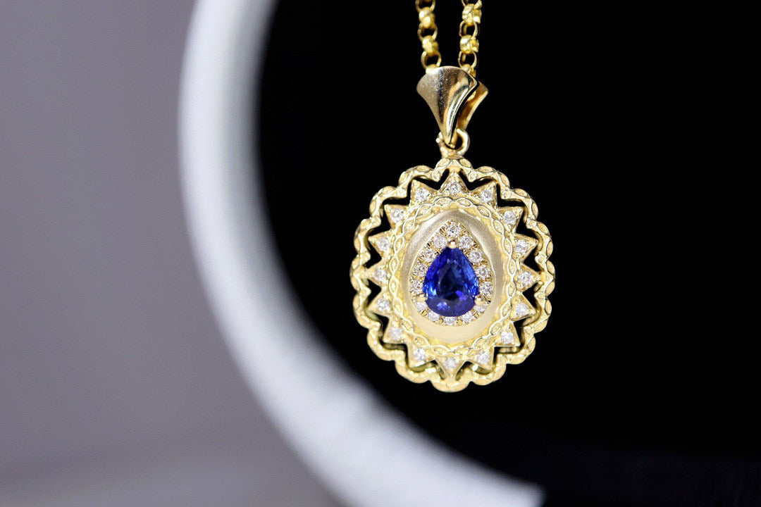 Vintage 18K Solid Gold Sapphire Diamond Pendant, Wedding necklace, gift for her