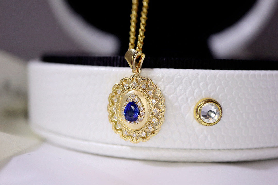 Vintage 18K Solid Gold Sapphire Diamond Pendant, Wedding necklace, gift for her