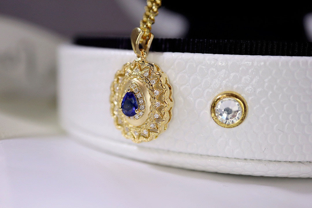 Vintage 18K Solid Gold Sapphire Diamond Pendant, Wedding necklace, gift for her