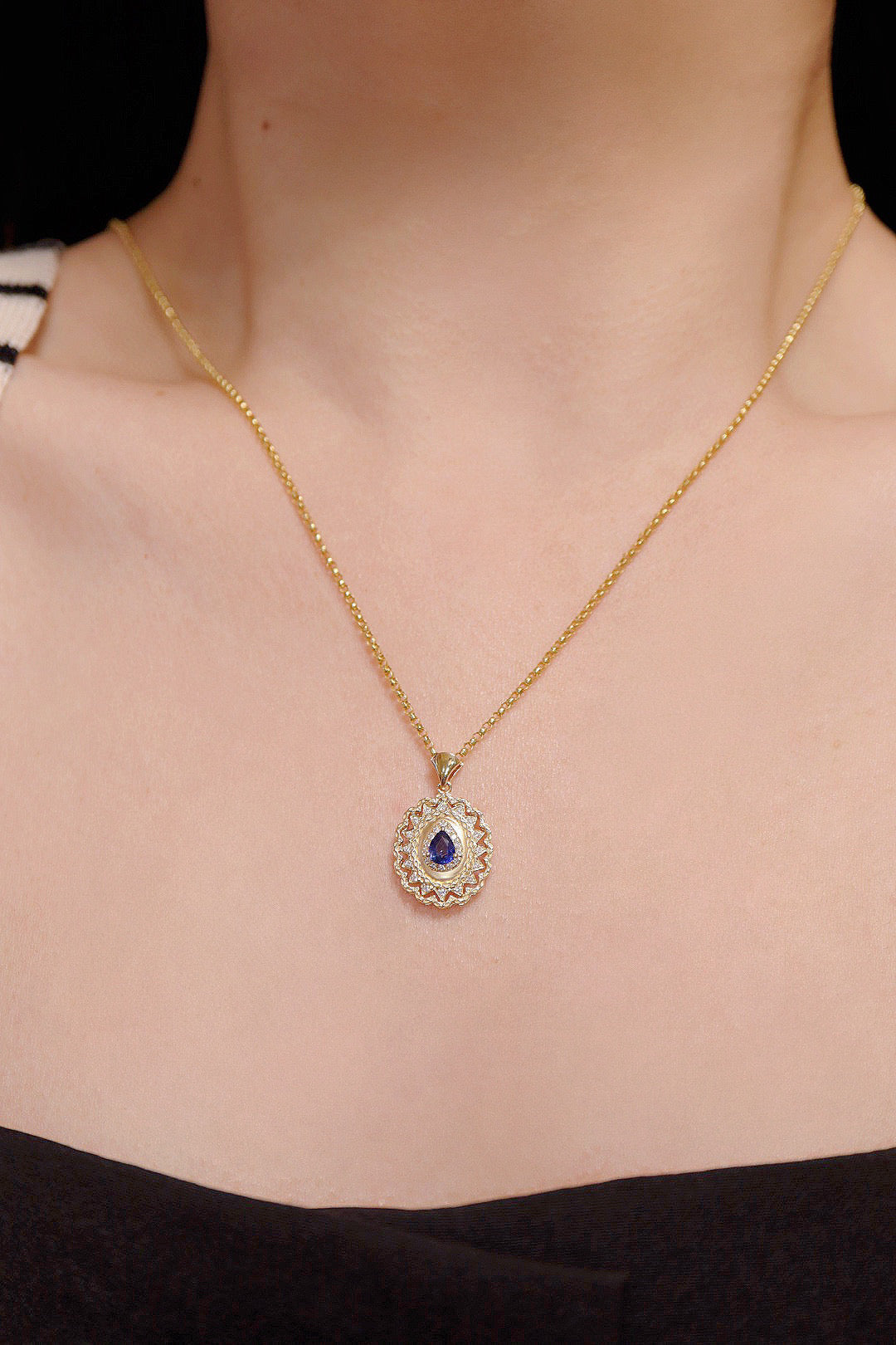 Vintage 18K Solid Gold Sapphire Diamond Pendant, Wedding necklace, gift for her