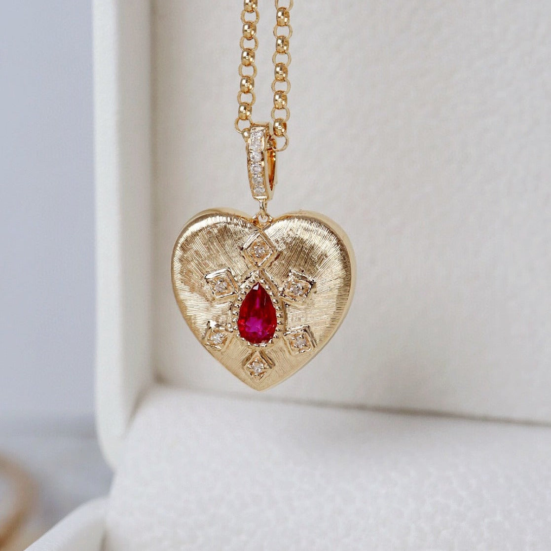 Vintage 18K Solid Gold Genuine Ruby Diamond Heart Pendant