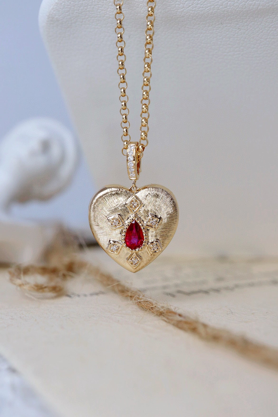 Vintage 18K Solid Gold Genuine Ruby Diamond Heart Pendant