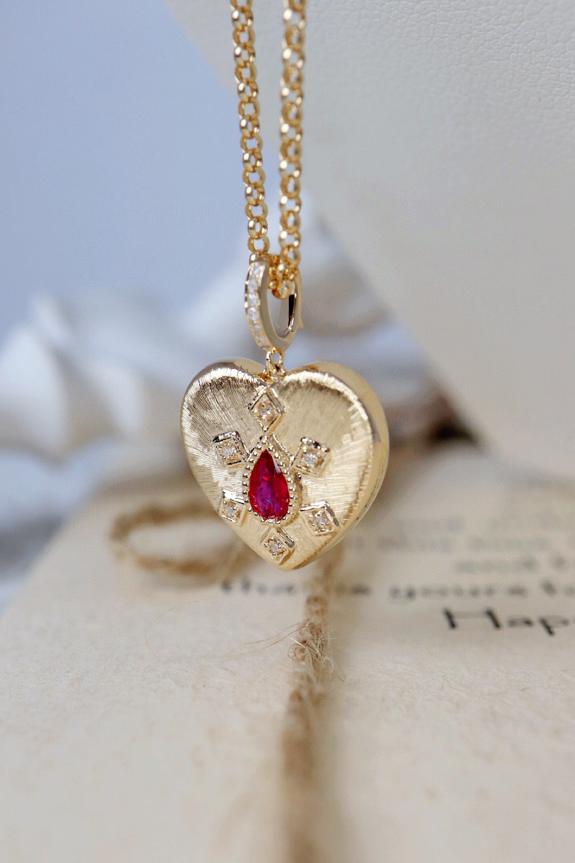 Vintage 18K Solid Gold Genuine Ruby Diamond Heart Pendant