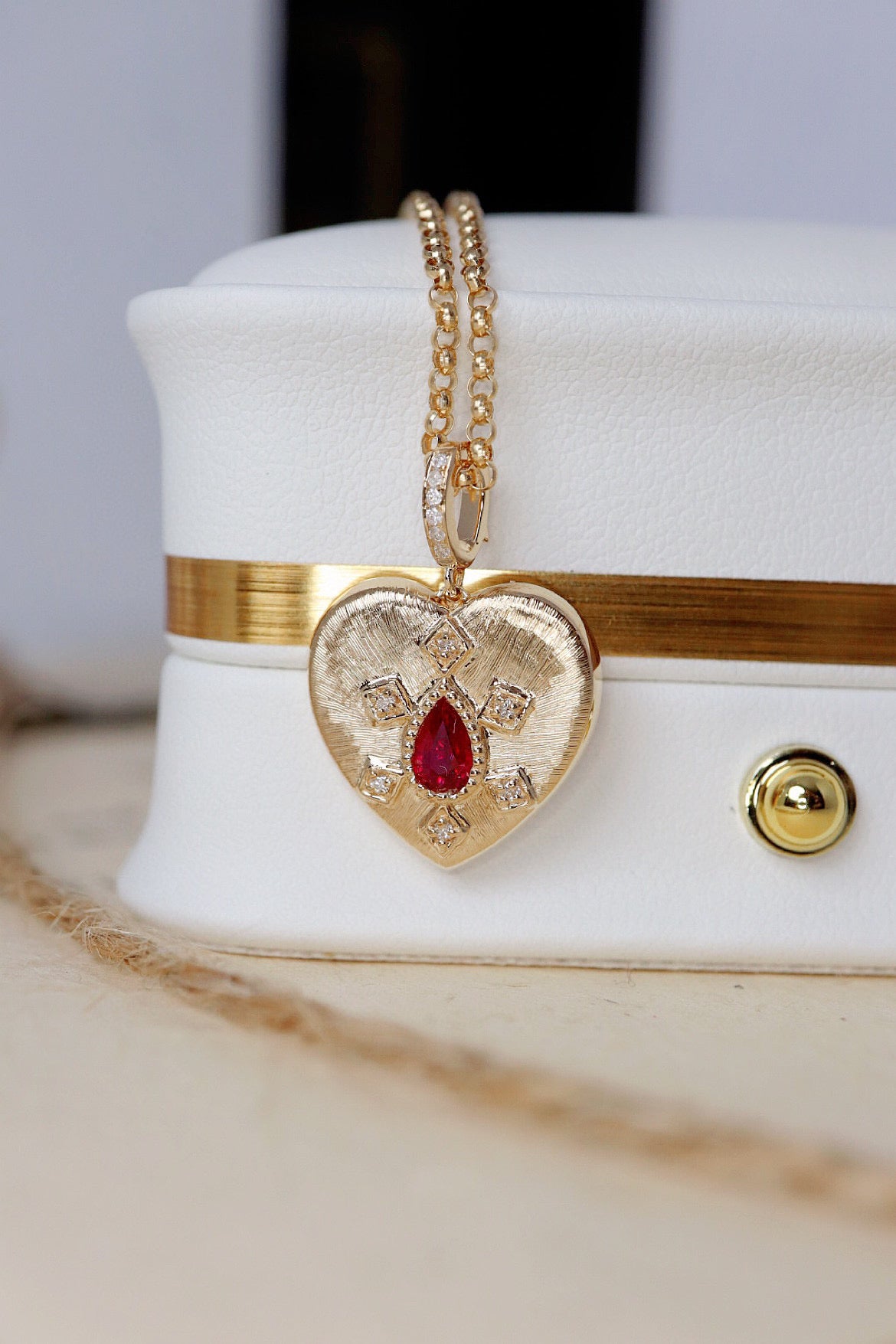 Vintage 18K Solid Gold Genuine Ruby Diamond Heart Pendant