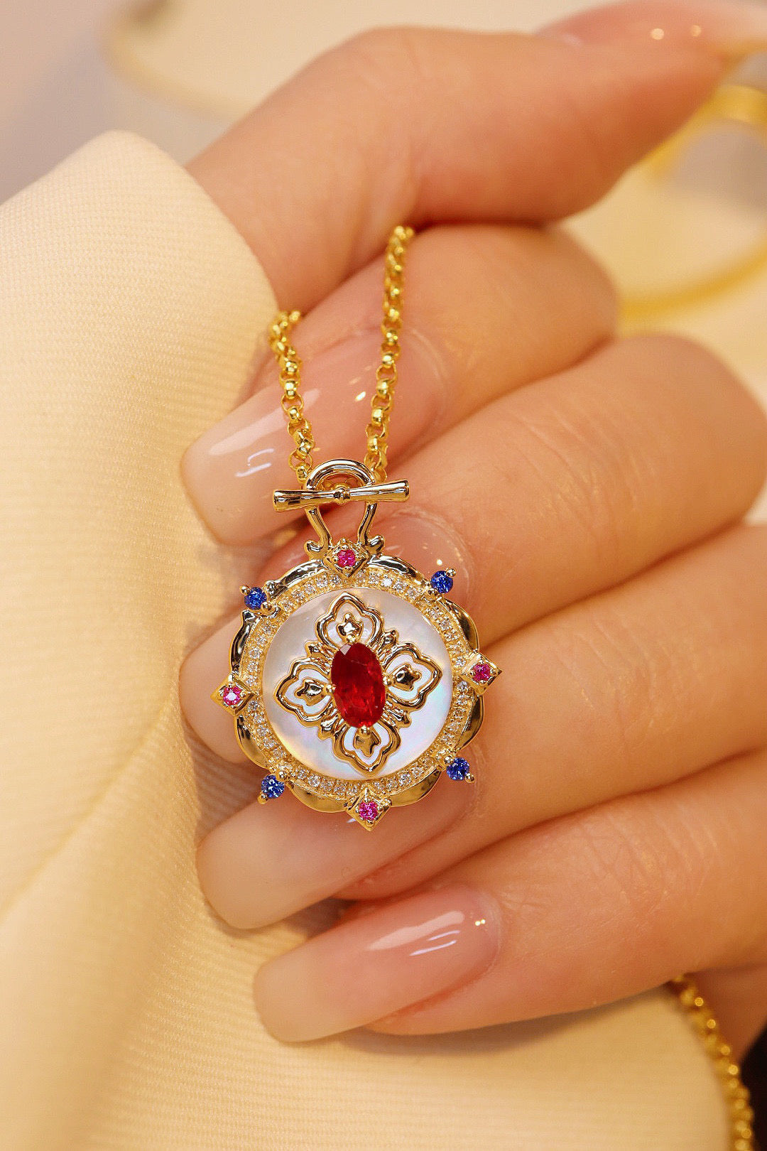 Vintage 18K Solid Gold Ruby Sapphire Diamond Pendant, Wedding necklace, gift for her