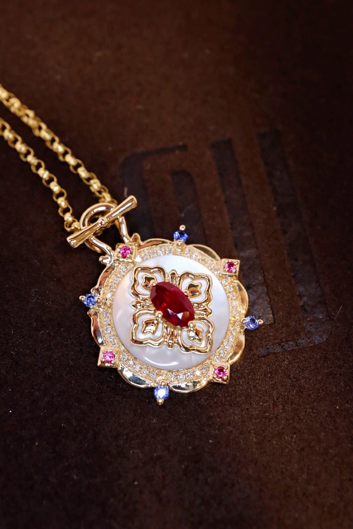 Vintage 18K Solid Gold Ruby Sapphire Diamond Pendant, Wedding necklace, gift for her