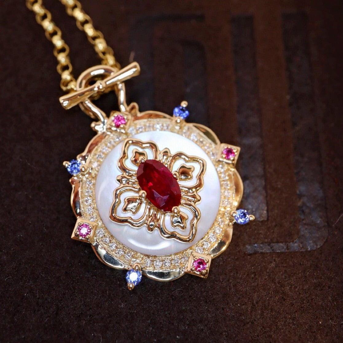 Vintage 18K Solid Gold Ruby Sapphire Diamond Pendant, Wedding necklace, gift for her