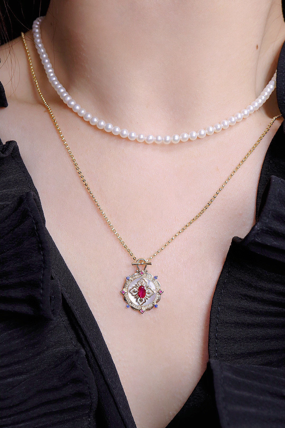 Vintage 18K Solid Gold Ruby Sapphire Diamond Pendant, Wedding necklace, gift for her