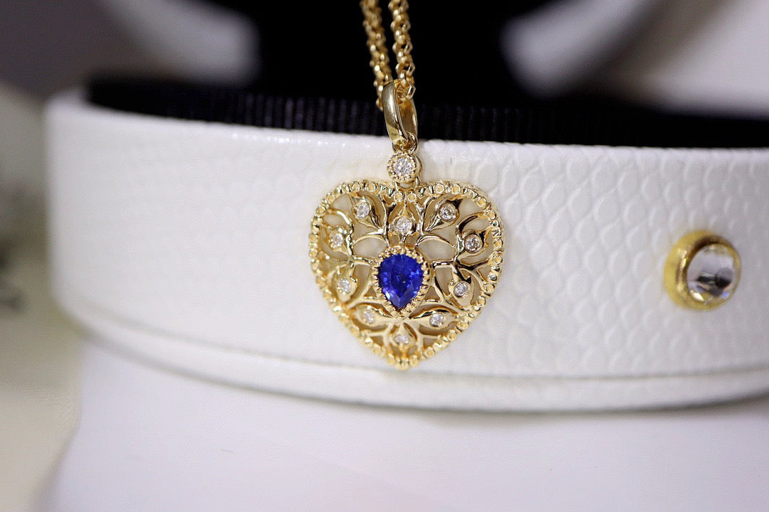 Vintage 18K Solid Gold Sapphire Diamond Heart Pendant, Wedding Pendant, Gift for her