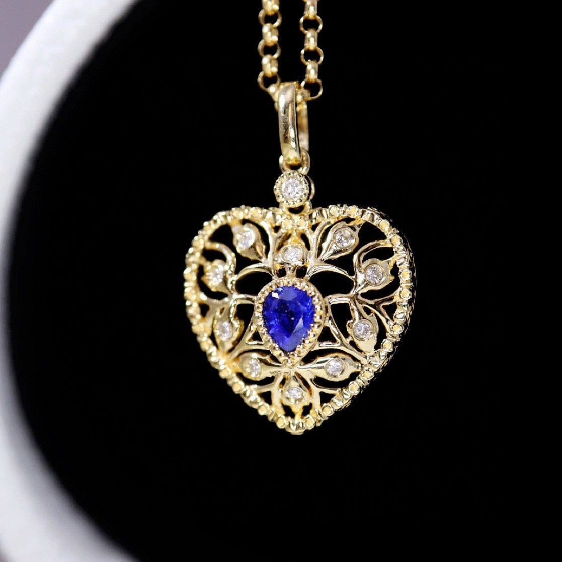 Vintage 18K Solid Gold Sapphire Diamond Heart Pendant, Wedding Pendant, Gift for her