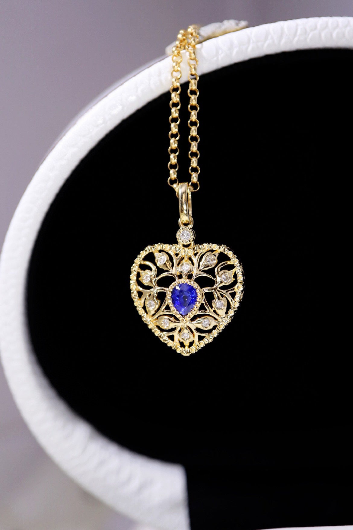 Vintage 18K Solid Gold Sapphire Diamond Heart Pendant, Wedding Pendant, Gift for her