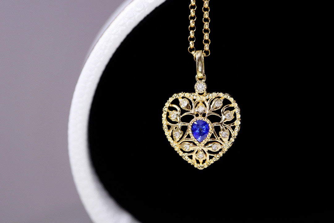 Vintage 18K Solid Gold Sapphire Diamond Heart Pendant, Wedding Pendant, Gift for her