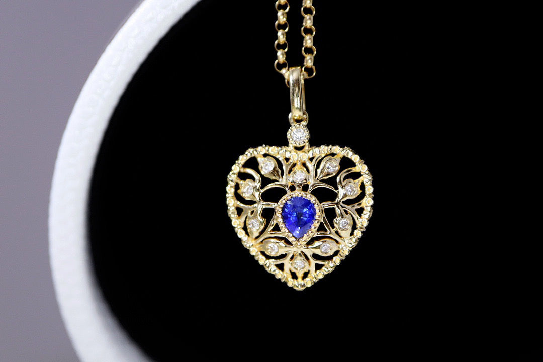 Vintage 18K Solid Gold Sapphire Diamond Heart Pendant, Wedding Pendant, Gift for her