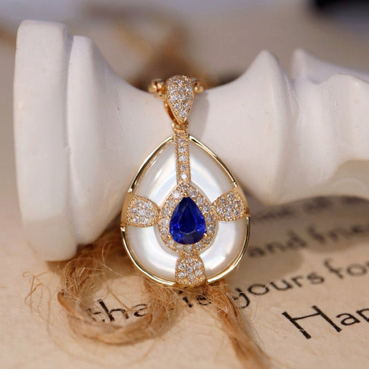 Vintage 18K Solid Gold Sapphire Diamond Pendant, Wedding Necklace,Gift For Her