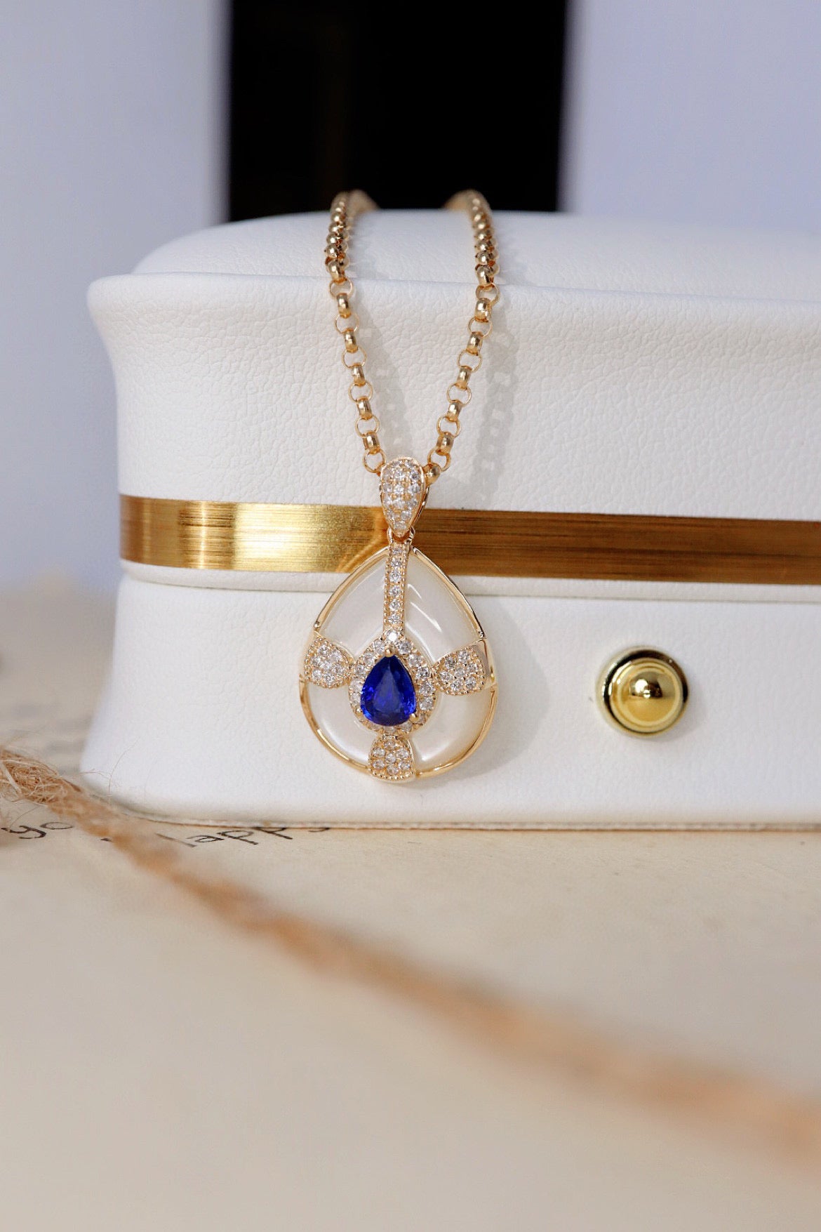 Vintage 18K Solid Gold Sapphire Diamond Pendant, Wedding Necklace,Gift For Her