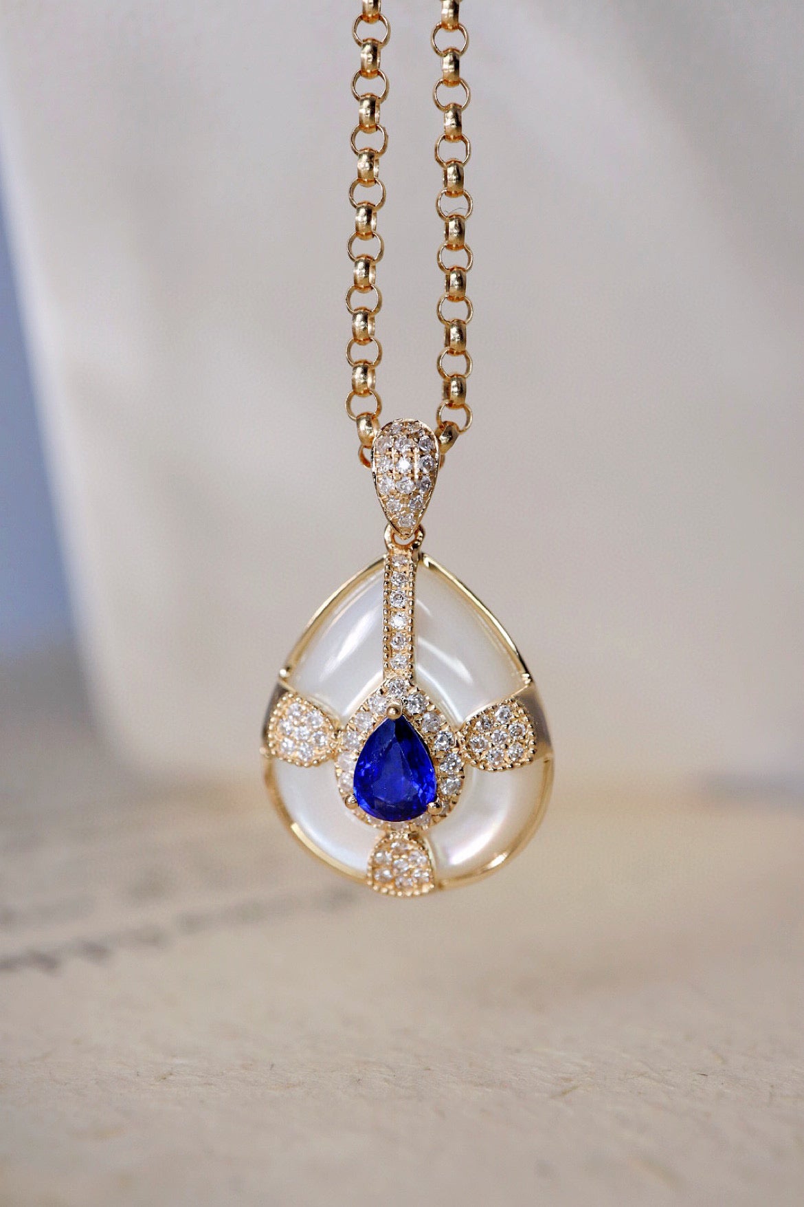 Vintage 18K Solid Gold Sapphire Diamond Pendant, Wedding Necklace,Gift For Her