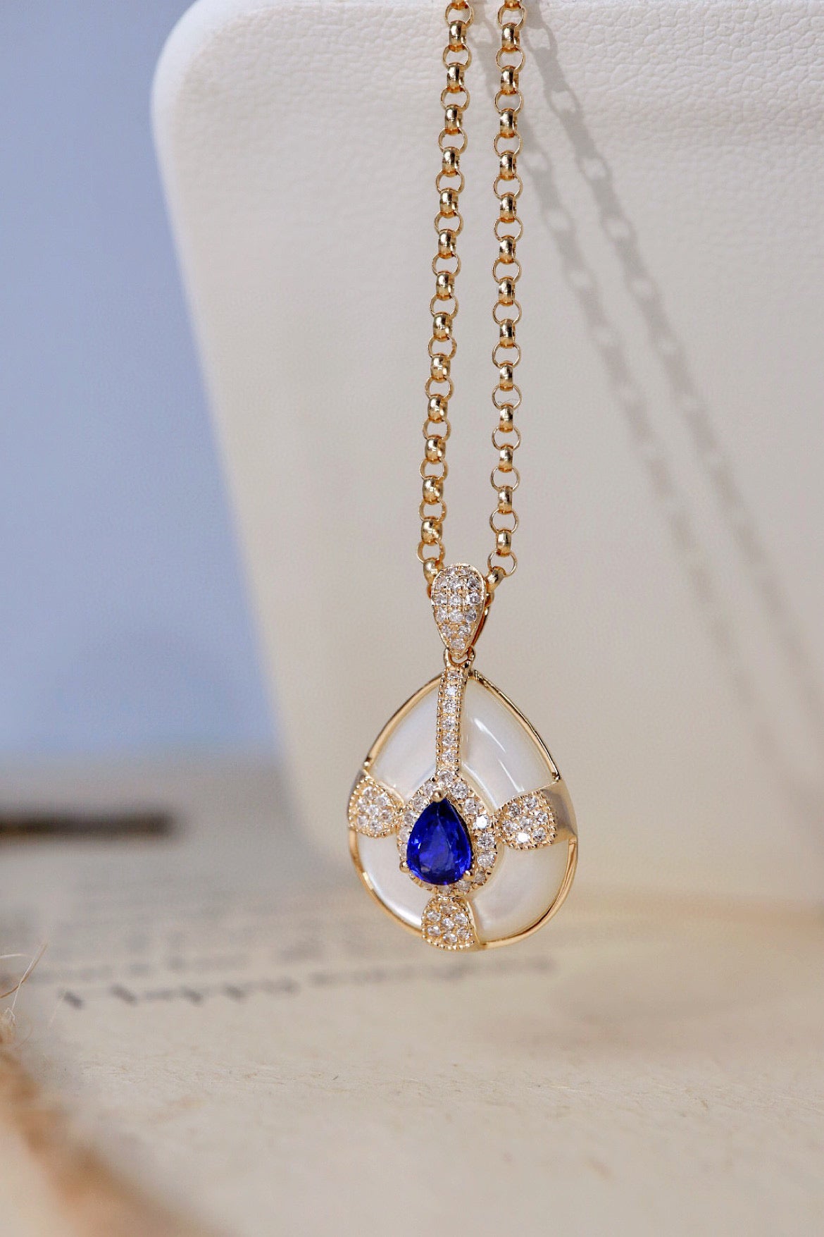 Vintage 18K Solid Gold Sapphire Diamond Pendant, Wedding Necklace,Gift For Her