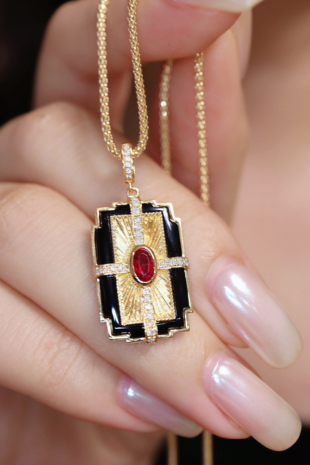 Vintage 18K Solid Gold Ruby Diamond Pendant, Birthday gift, gift for her