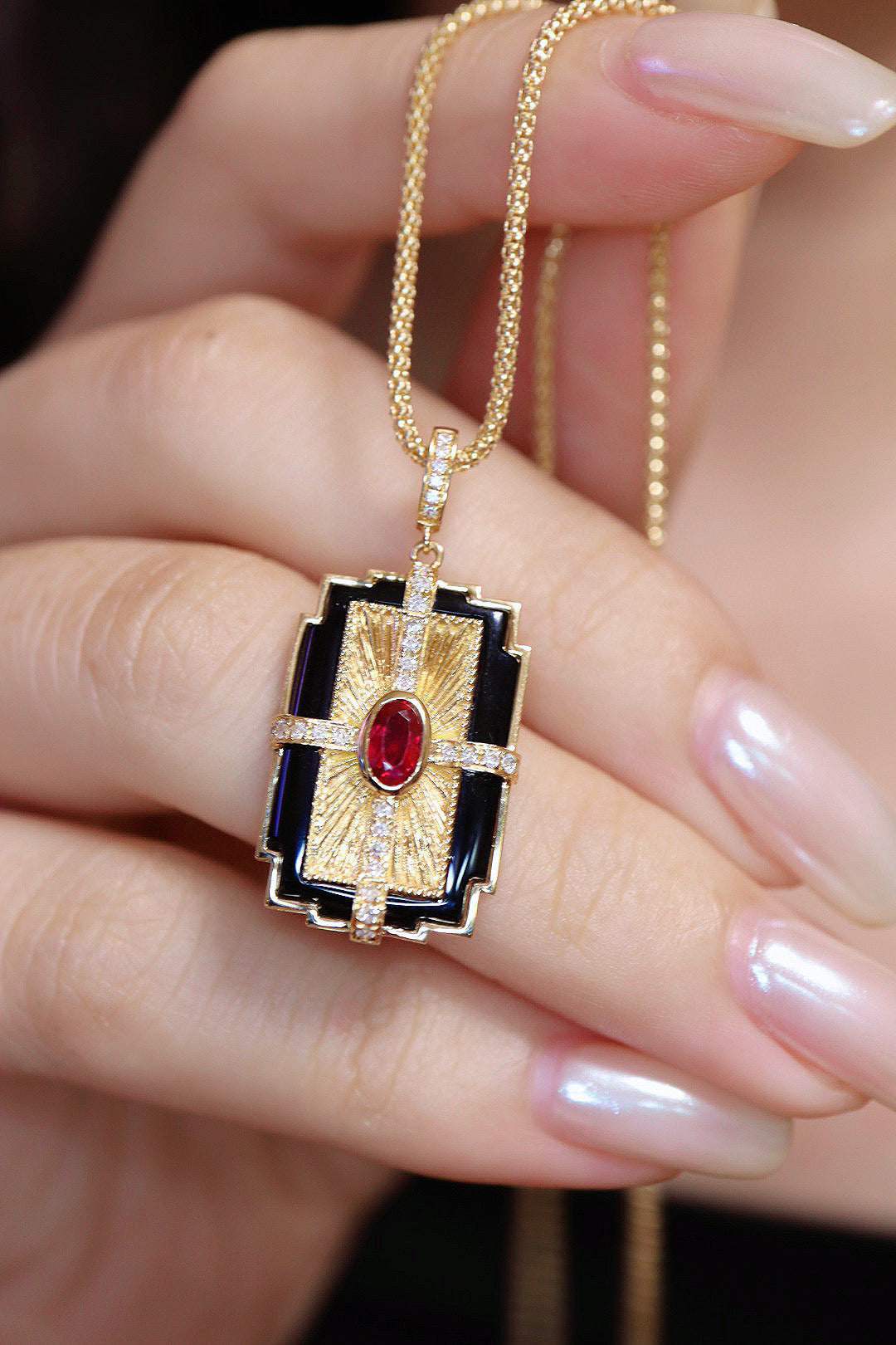 Vintage 18K Solid Gold Ruby Diamond Pendant, Birthday gift, gift for her